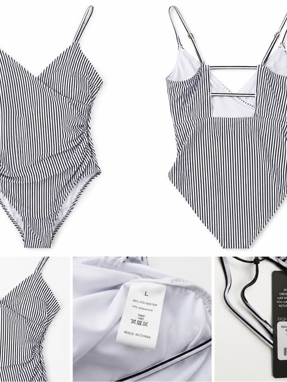 Blue White Striped One Piece Swimsuit‎ Ruched Wrap Front Size Large